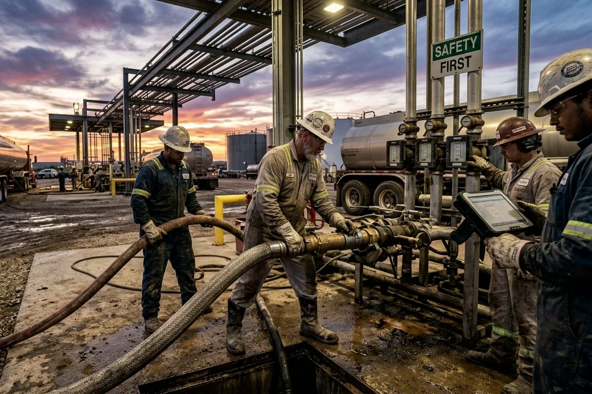 Crew in hard hats connecting a transfer hose at a truck loading rack at dusk